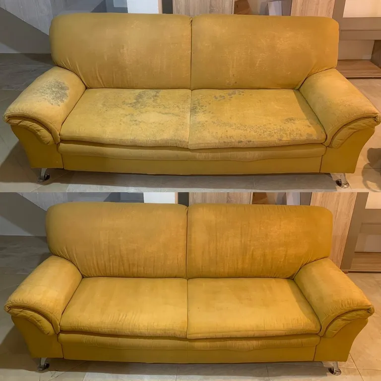Yellow sofa before and after upholstery cleaning